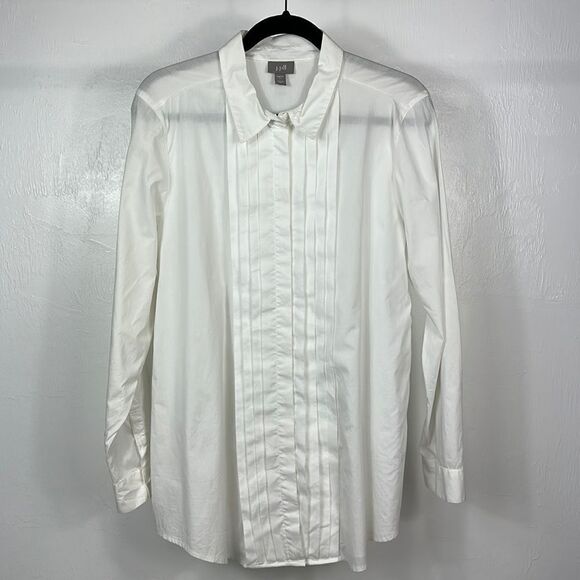 J. Jill Stretch White Cotton Pleated Front Long Sleeve Button Down Shirt Size L - Picture 1 of 10